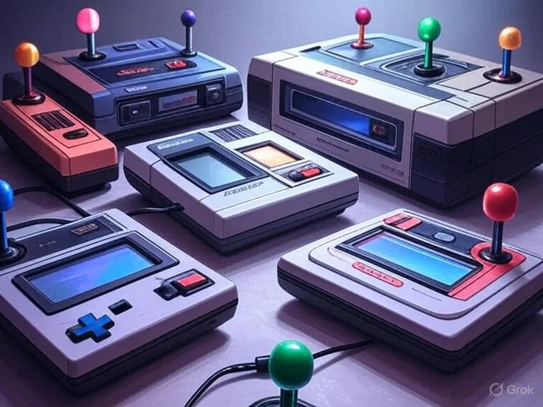 Vintage handhelds and consoles with joysticks